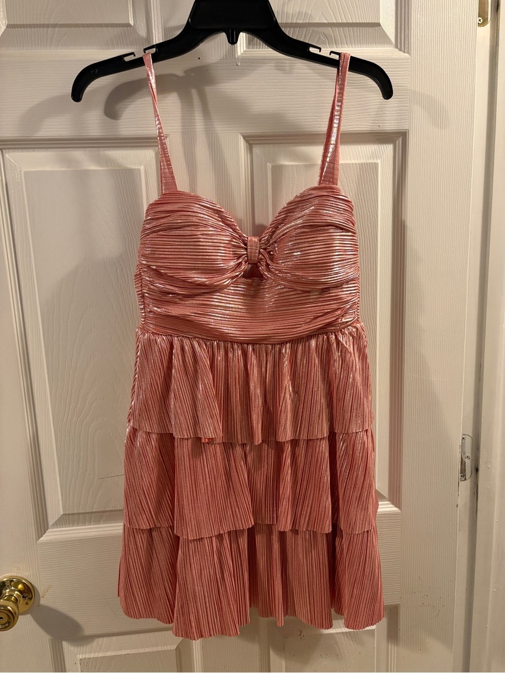 Honey and Rosie Pink Metallic Tiered Spaghetti Strap Homecoming Mini Dress